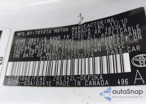 2010 Toyota Corolla Le z USA, uszkodzony, nr VIN 2T1BU4EE3AC520774